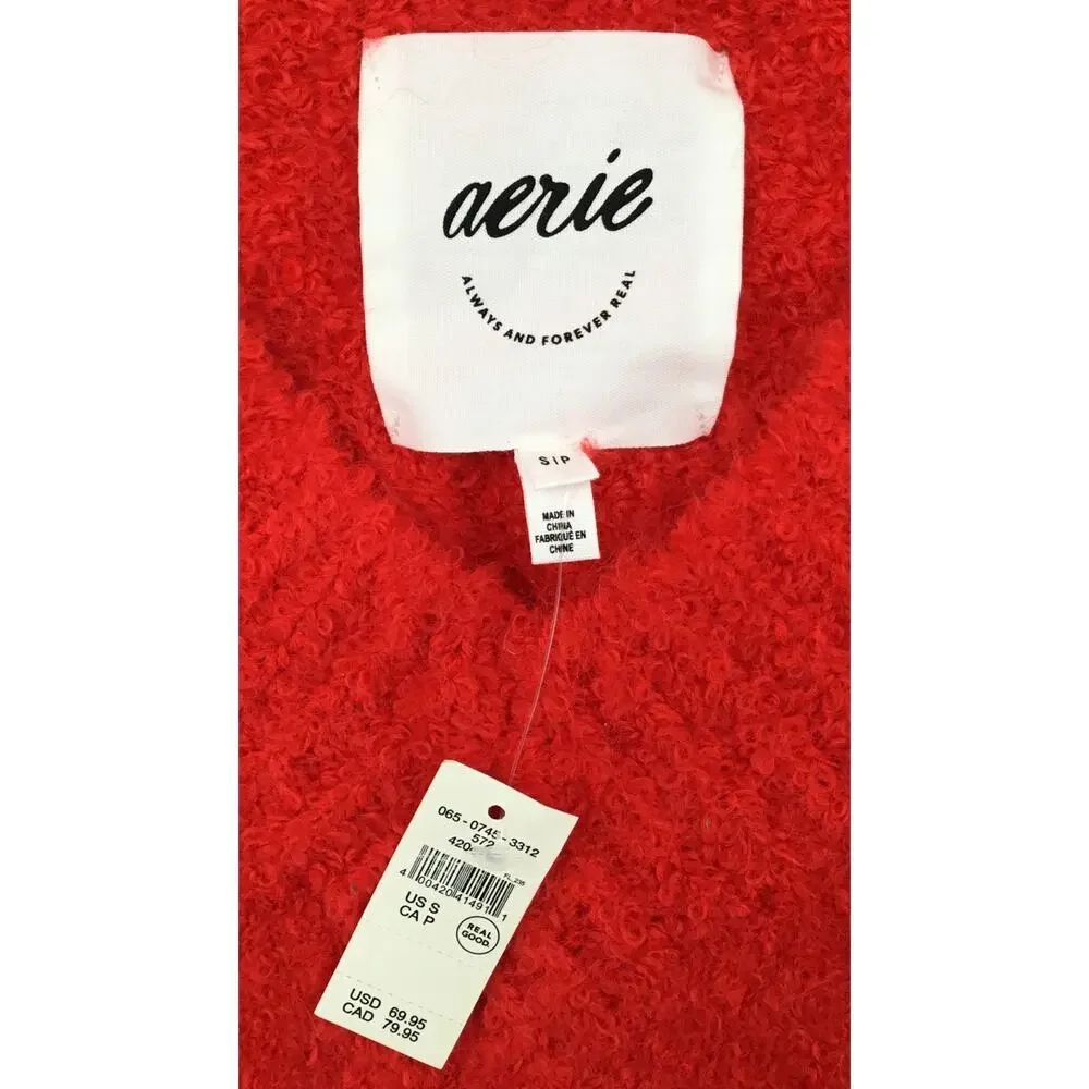 Aerie NWT Fuzzy Red Boucle V-Neck Sweater Size Small